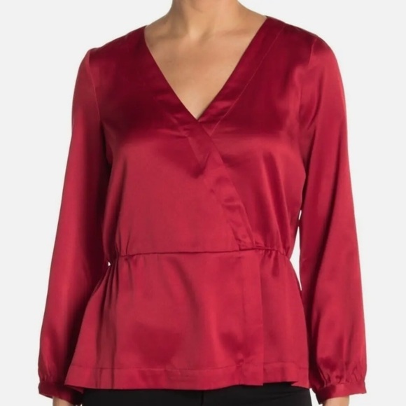 J. Crew Tops - J.CREW Womens XXS Red Satin Long Sleeve Surplice V-Neck Faux Wrap Peplum Blouse